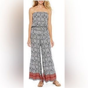 MSK Navy White Strapless wide leg‎  Jumpsuit M